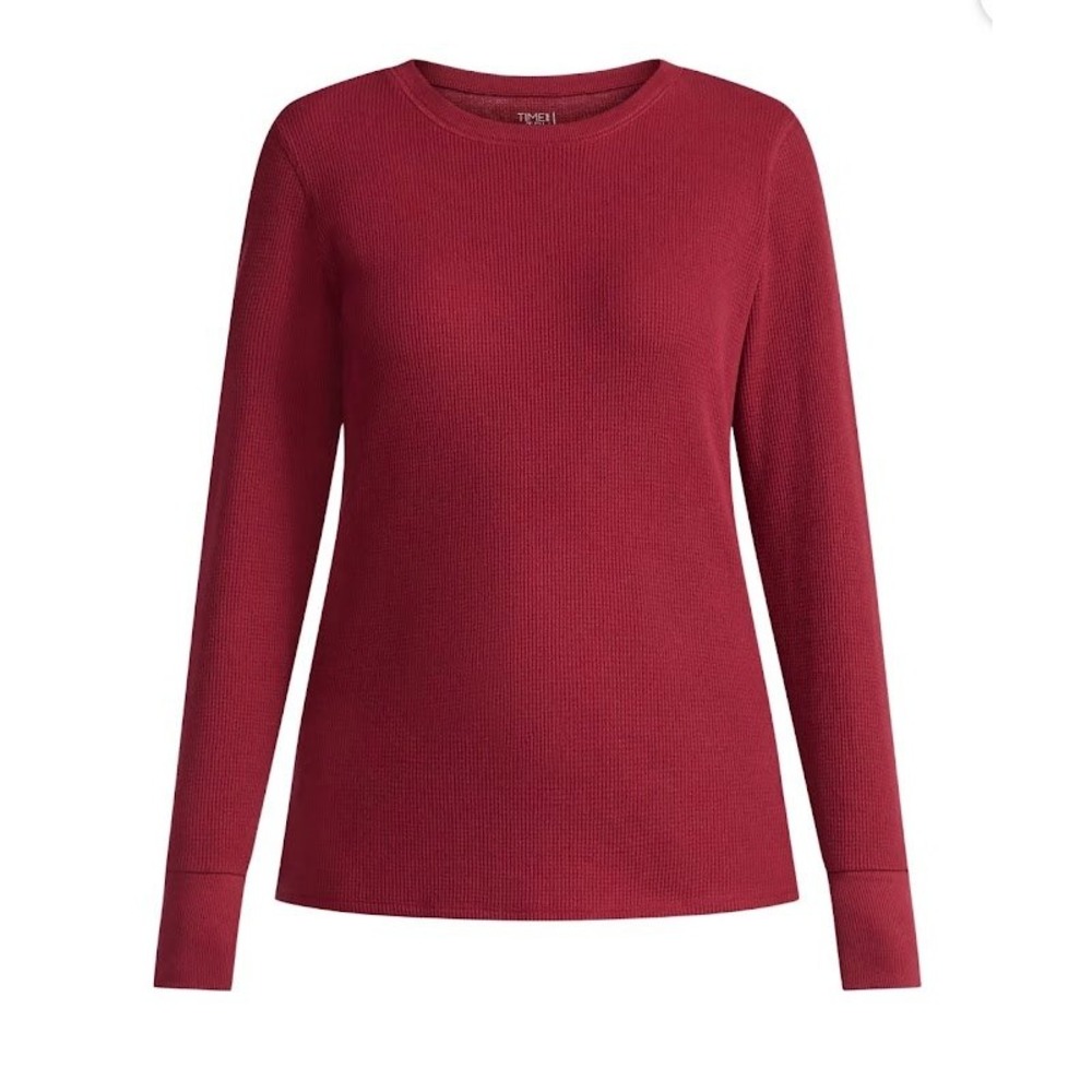 Time and Tru Womens Thermal Top Waffle Knit Long Sleeve Crew Neck Burgundy Red L